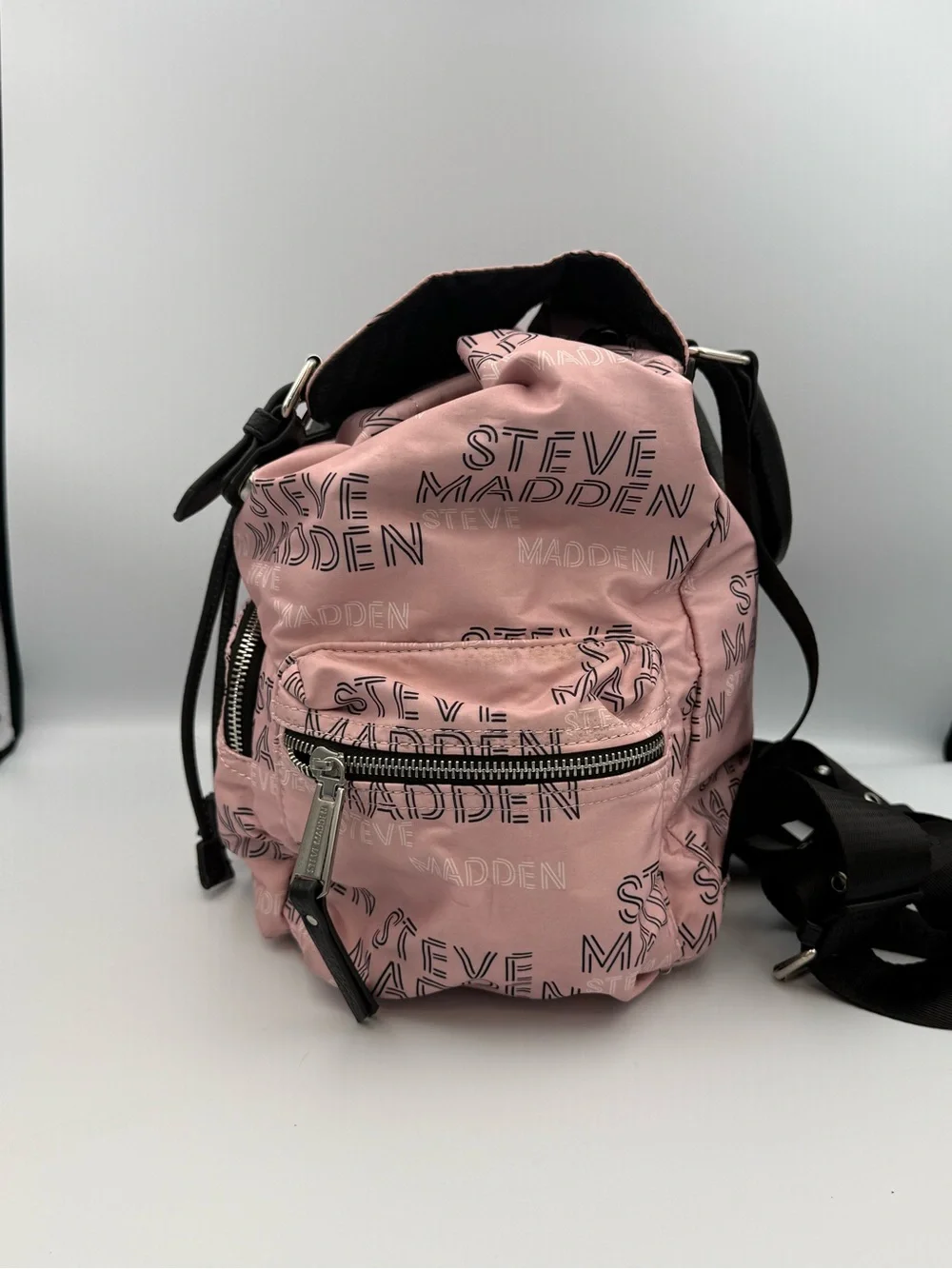 Steve Madden Pink Nylon Mini Backpack All Over Logo Spellout Drawstring Flap